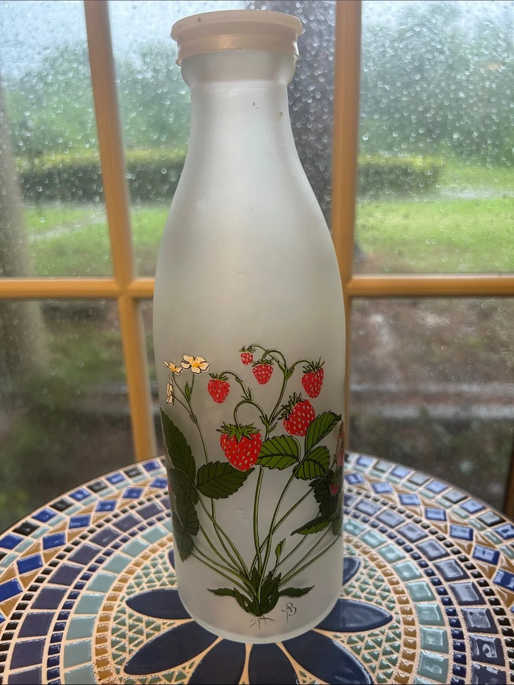 Tall Frosted Milk Bottle with Strawberries, Vines and Blossoms